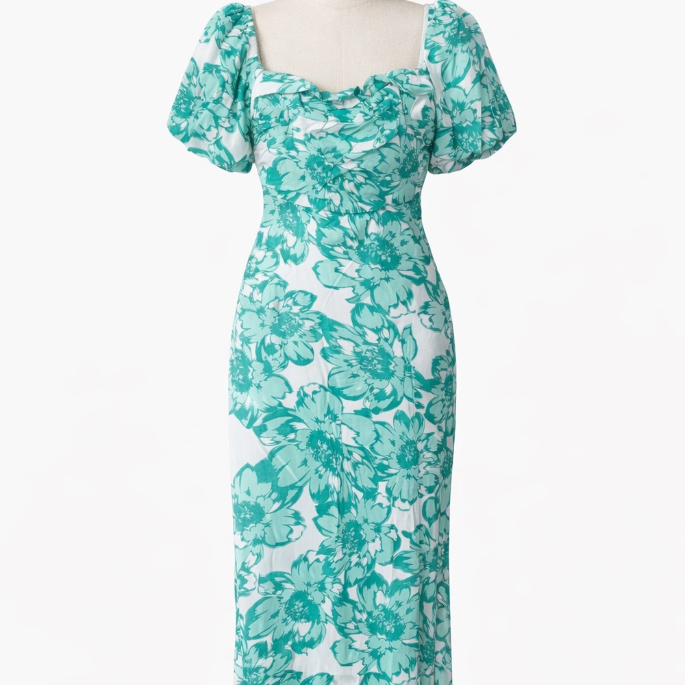 Summer Floral Midi Dress in Teal and White